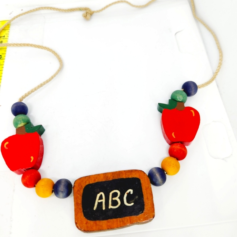 Vintage Folk Art Wooden Teacher Necklace School ABC Apple Kitsch Cottagecore
